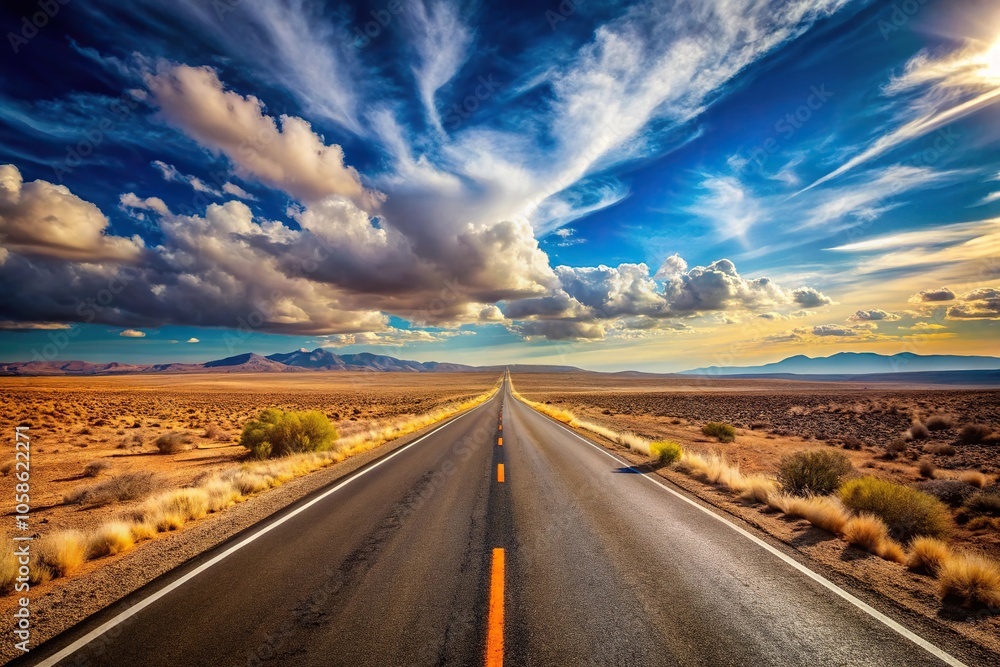 Naklejka premium Desert highway disappearing into the sky at sunset