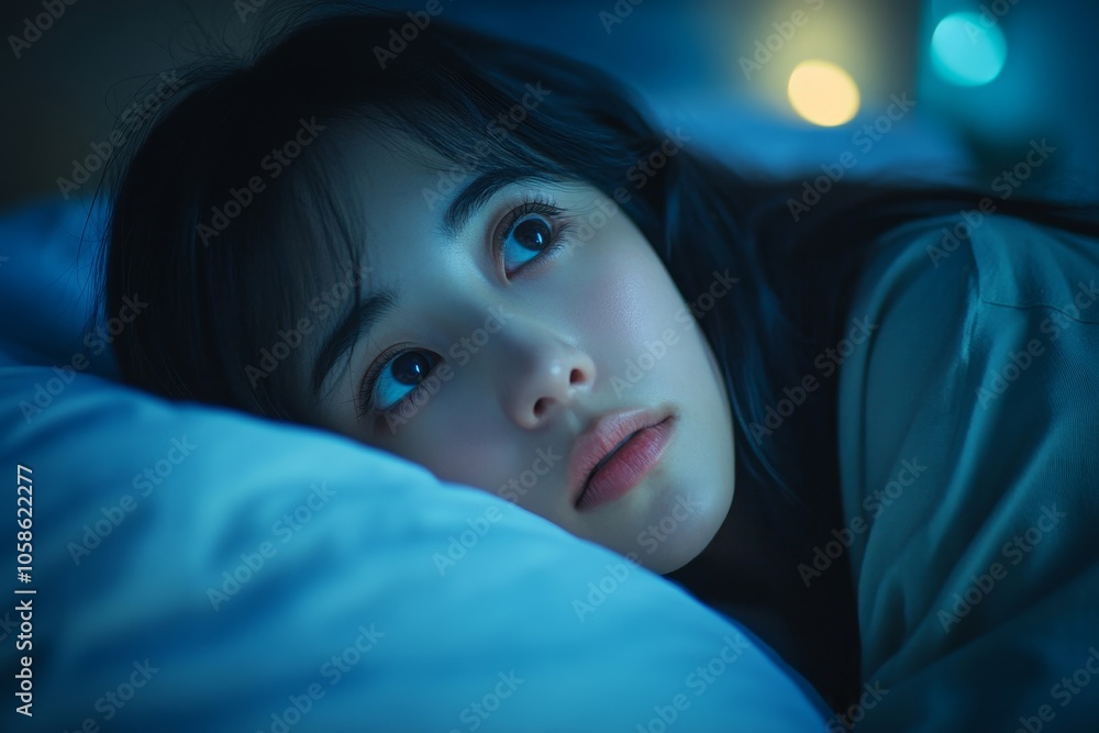 Anxiety disorder on insomnia woman concept, sleepless Woman open eye awakening on the bed at night time can't sleep from symptom of depression, Generative AI