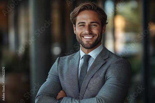 Confident Businessman in Grey Suit Smiling