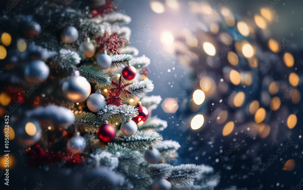 A snowy Christmas tree with ornaments and lights, against a blurred background. A snowy Christmas tree with ornaments and lights, against a blurred background.