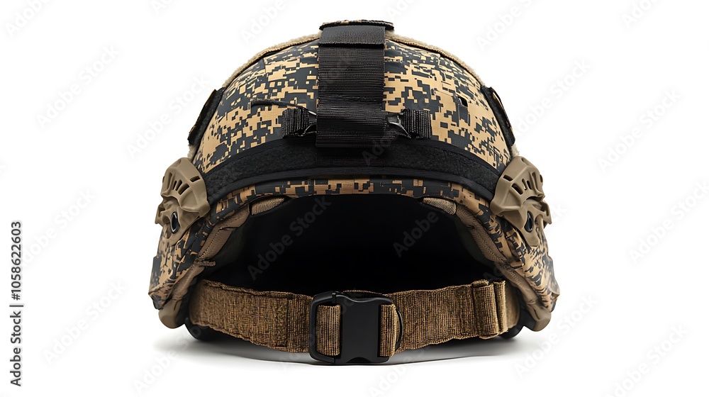 Fototapeta premium A tactical helmet designed for military or outdoor activities, featuring a camo pattern.
