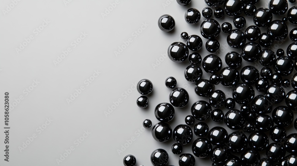 Black beads and black pearls set against a gray background create a striking visual effect, perfect for highlighting the elegance of black beads with ample copy space. Black beads and black pearls set against a gray background create a striking visual effect, perfect for highlighting the elegance of black beads with ample copy space.