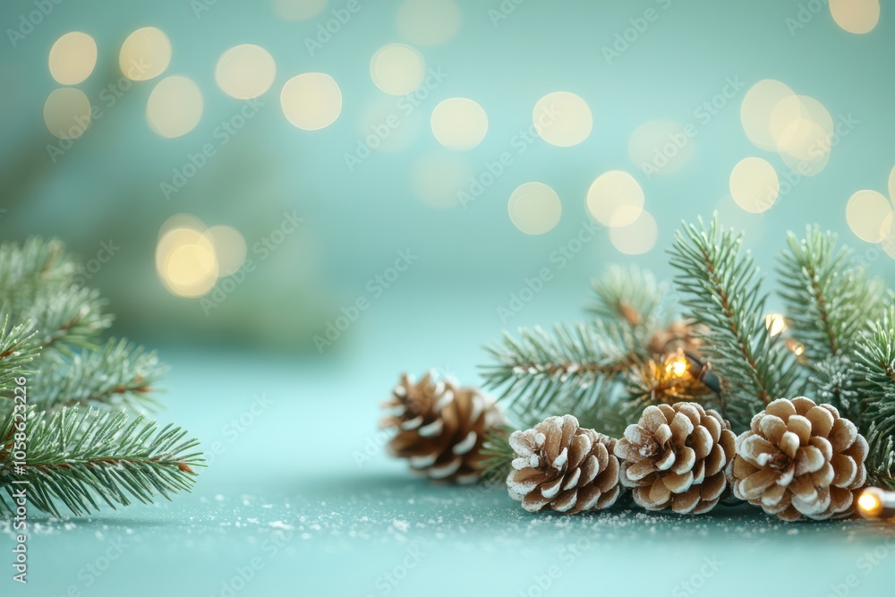 Soft Blurred Pastel Background with Twinkling Lights and Pine Cones Soft Blurred Pastel Background with Twinkling Lights and Pine Cones