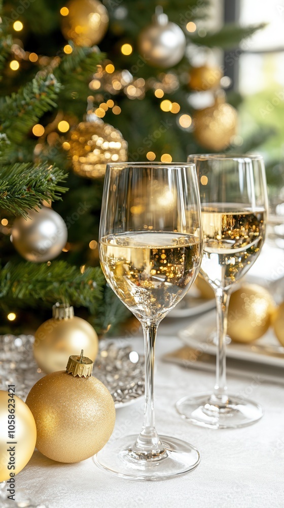Elegant Christmas table setting with sparkling wine glasses and golden ornaments, creating a festive holiday atmosphere. Elegant Christmas table setting with sparkling wine glasses and golden ornaments, creating a festive holiday atmosphere.
