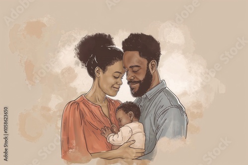 illustration of an African-American couple holding a baby, depicted in a gentle drawing or soft animation style photo