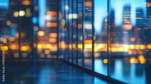 Modern office interior with a blurred city view creates a contemporary workspace atmosphere. This high-quality photo captures an empty modern office featuring ample copy space.