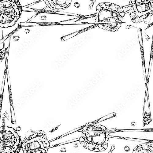 Japanese food sushi rolls on chopsticks with raw fish salmon unagi tuna shrimp, california philadelphia alaska, hand drawn in vector pen and ink. Square border frame. Restaurant cafe menu, recipe book