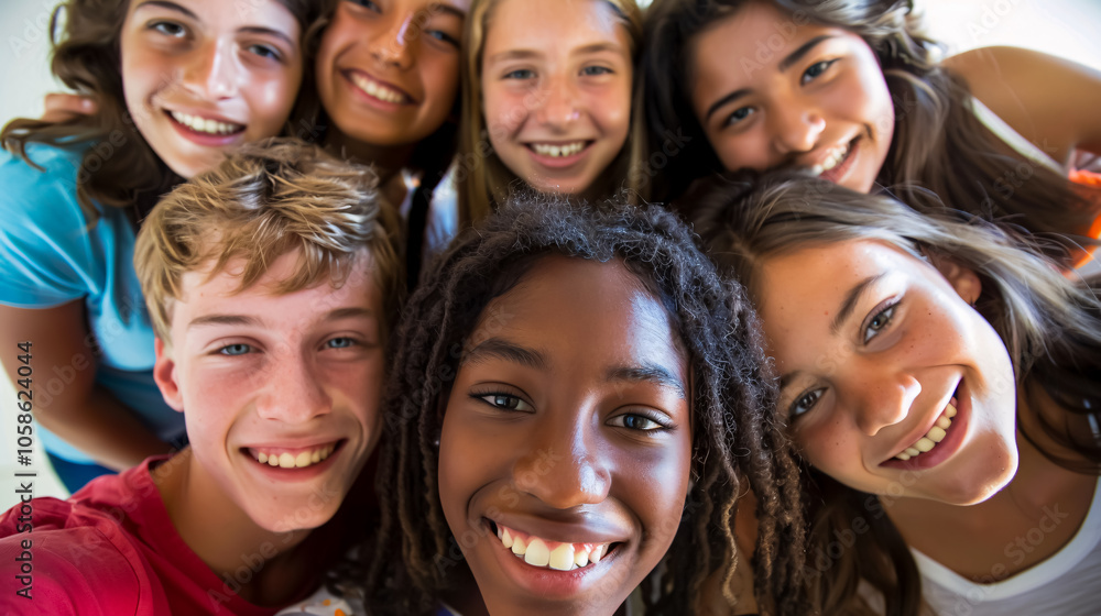 A multiracial group of young people takes a selfie. A multiracial group of young people takes a selfie.