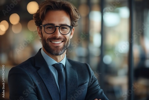 Confident Businessman in Navy Blue Suit and Glasses Smiling