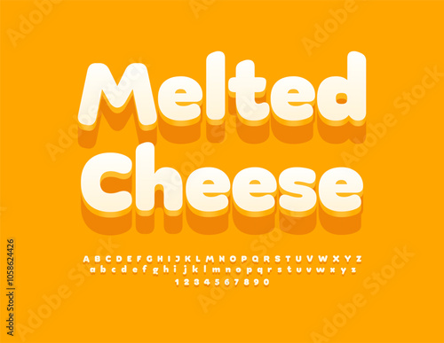 Vector tasty logo Melted Cheese. Creative White Font. Artistic 3D Alphabet Letters and Numbers set