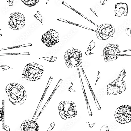 Japanese food sushi rolls on chopsticks with raw fish salmon unagi tuna shrimp, california philadelphia alaska, hand drawn in vector pen and ink. Seamless pattern for restaurant cafe menu, recipe book