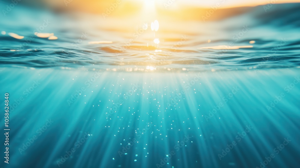 Water of sea shows tiny microplastics illuminated by sunlight, visually reflecting environmental issues. Concept of plastic contamination in marine ecosystems and World Water Day. Water of sea shows tiny microplastics illuminated by sunlight, visually reflecting environmental issues. Concept of plastic contamination in marine ecosystems and World Water Day.