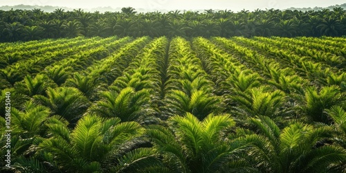 View from the back of a palm oil plantation featuring rows of palm oil trees. The field perspective showcases the organized layout of palm oil tree plantations. photo