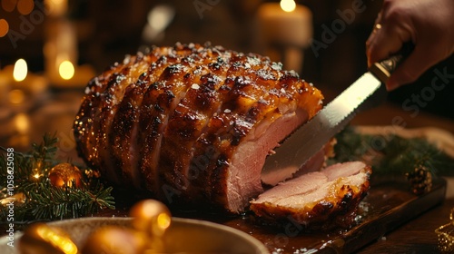 Holiday table setting with mapleglazed baked ham slicing photo