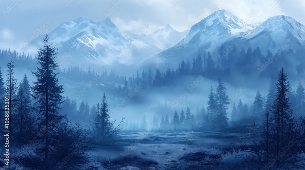 Obraz premium beautiful foggy landscape with fir forest