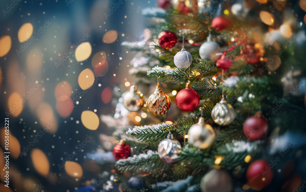 A close-up of a decorated Christmas tree with red and gold ornaments, illuminated by twinkling lights and snowfall. A close-up of a decorated Christmas tree with red and gold ornaments, illuminated by twinkling lights and snowfall.
