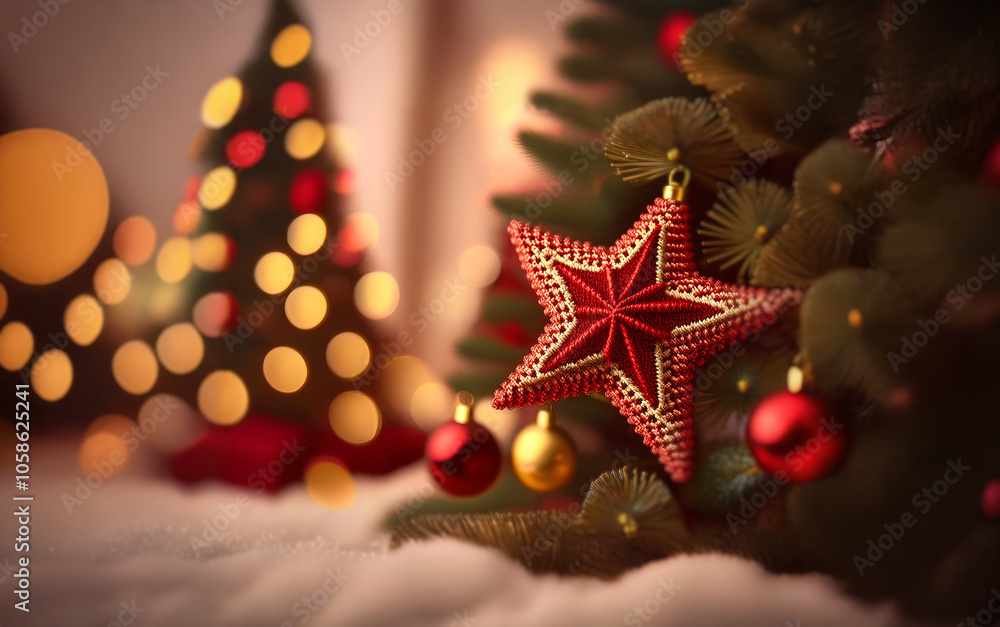 A red star ornament hangs on a Christmas tree with white snow at the base and out-of-focus lights in the background.