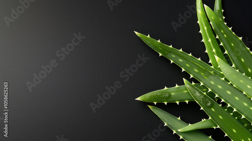 Close-up of aloe vera leaves with glossy surface on a dark gray background, showing spiky edges and thick green texture.