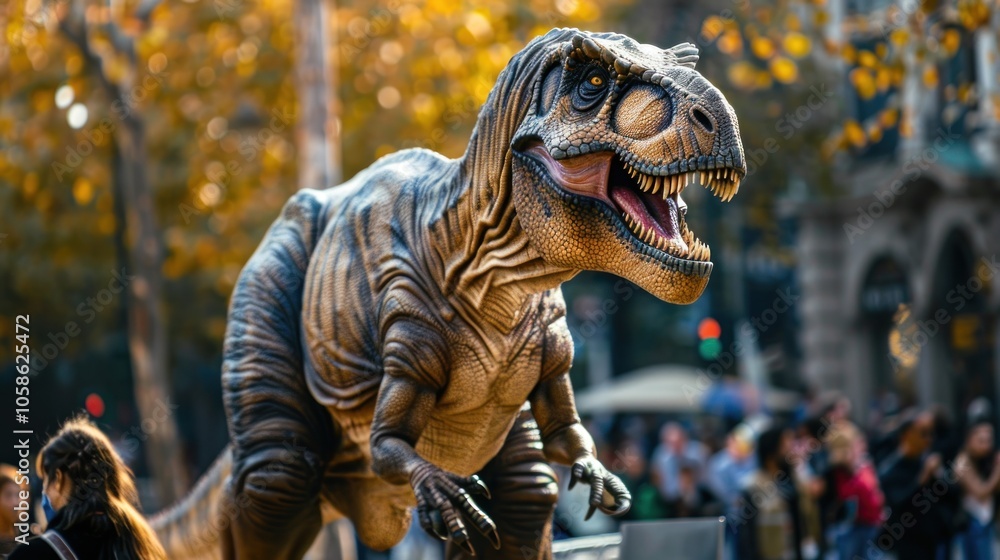Giant and scary T-rex dinosaur in the middle of the city, AI generated image Giant and scary T-rex dinosaur in the middle of the city, AI generated image