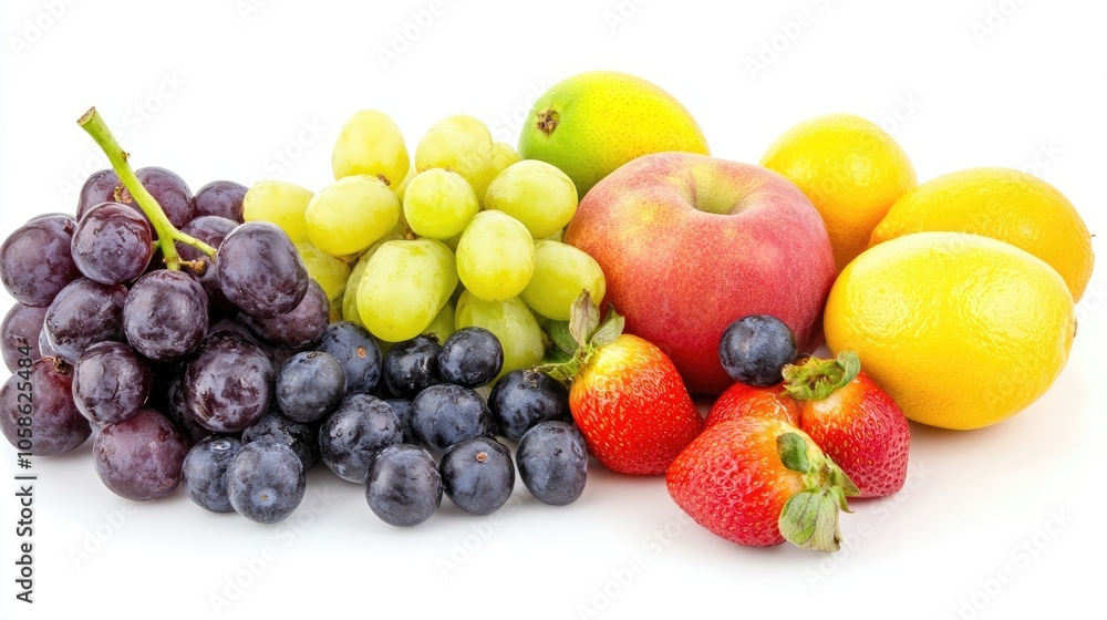 Refreshing summer fruits arranged on a white background create a vibrant and colorful display. This composition of refreshing summer fruits offers an inviting appeal and ample copy space. Refreshing summer fruits arranged on a white background create a vibrant and colorful display. This composition of refreshing summer fruits offers an inviting appeal and ample copy space.