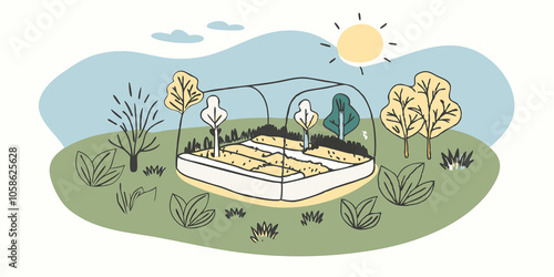 Community Gardening A whimsical illustration of a community garden where labgrown cultured meat is being harvested promoting the idea of local and allergysafe options for everyone. photo