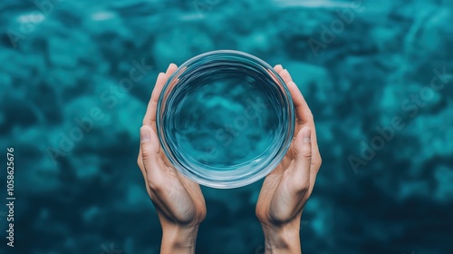 Hands holding a glass bowl of water over a blue ocean background symbolize purity, nature, and environmental care, emphasizing sustainability and clarity. Water conservation ideas on World Water Day.