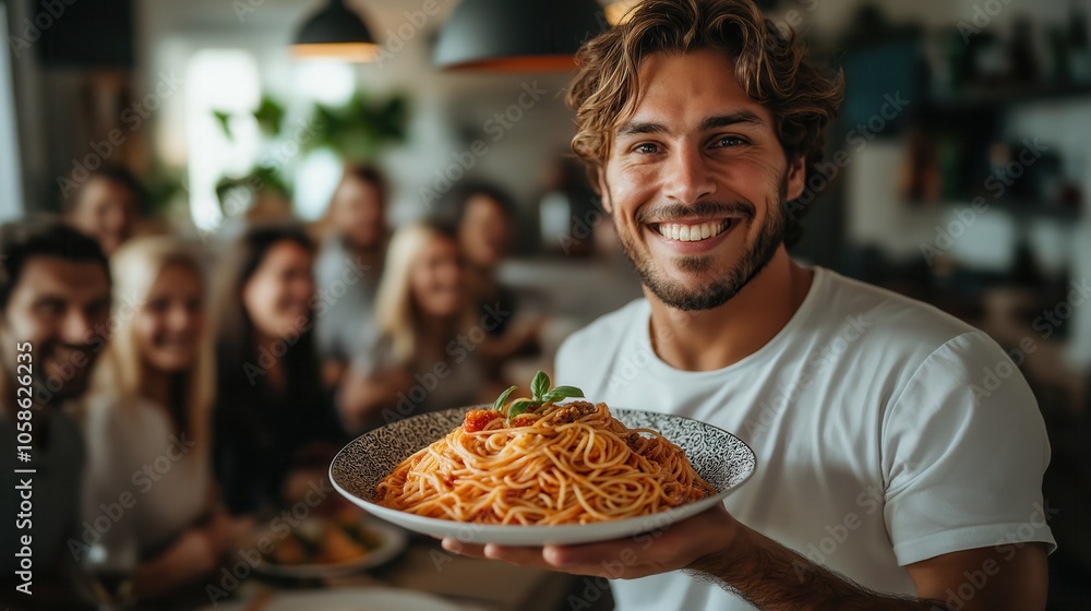 a man holding a plate of pasta serving a group of friends, sitting at a table, in the kitchen, they are happy a man holding a plate of pasta serving a group of friends, sitting at a table, in the kitchen, they are happy
