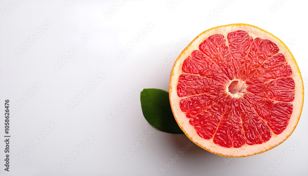 Vibrant and fresh half grapefruit with a green leaf, showcased on a clean white background, highlighting its juicy and healthy appeal. Vibrant and fresh half grapefruit with a green leaf, showcased on a clean white background, highlighting its juicy and healthy appeal.