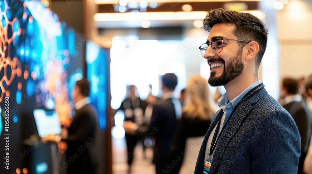 Young Man Networking at Tech Conference Smiling Young Man Networking at Tech Conference Smiling