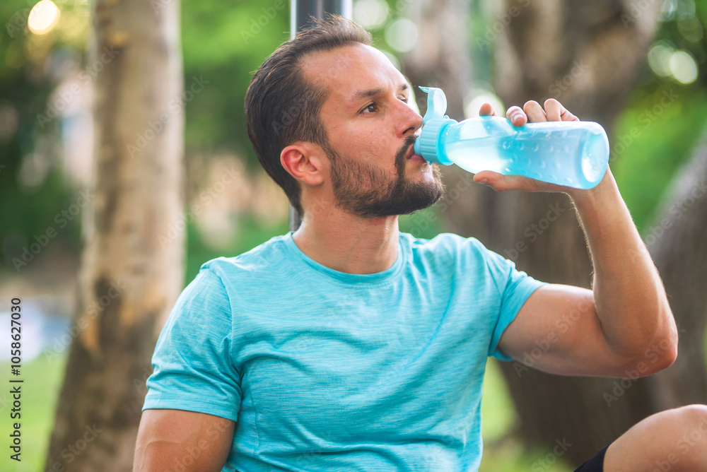 Young sportsman drinking water from bottle after training in park Young sportsman drinking water from bottle after training in park