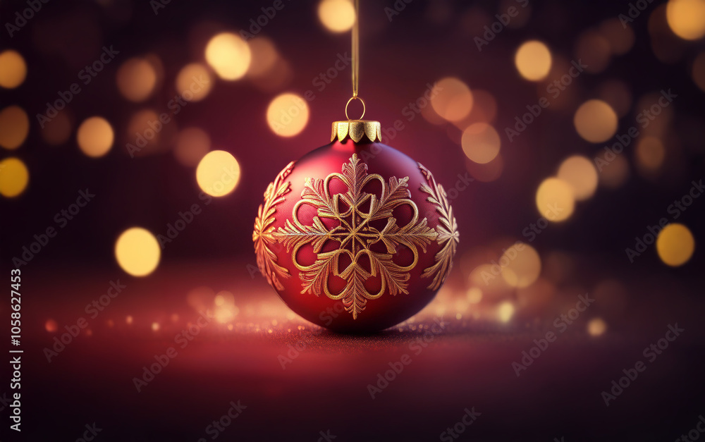A single red Christmas ornament with gold snowflake detailing hangs against a backdrop of warm, glowing bokeh lights. A single red Christmas ornament with gold snowflake detailing hangs against a backdrop of warm, glowing bokeh lights.