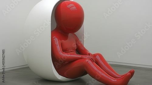 Modern art piece featuring a red figure in a white cocoon-like seat, blending minimalism and imaginative design. photo