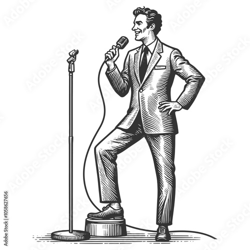 man in a suit performing stand-up comedy on stage, holding a classic microphone next to a stool sketch engraving generative ai vector illustration. Scratch board imitation. Black and white image.