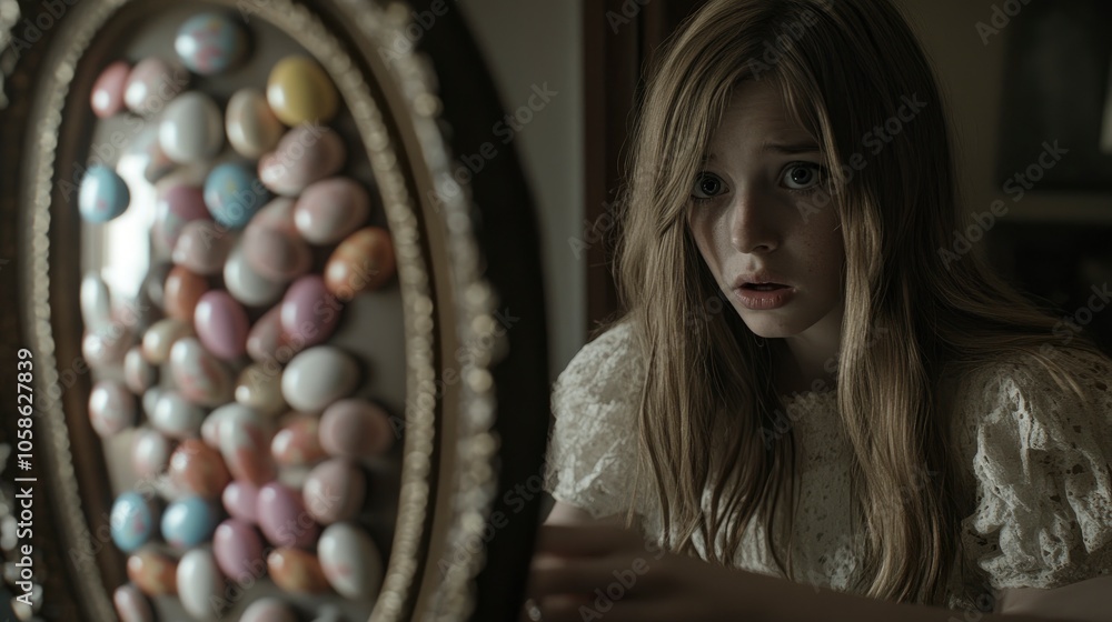 Obraz premium Young Girl Looking in Mirror with Easter Eggs