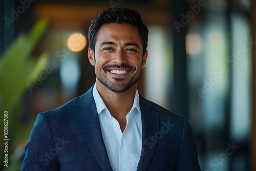 Confident Businessman in Navy Blue Suit Smiling in Office1 photo