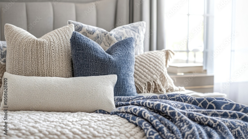 Bedroom interior design in a close-up view, highlighting a robe and cushions on the bed, creates a cozy atmosphere. The elegant bedroom interior design offers ample copy space. Bedroom interior design in a close-up view, highlighting a robe and cushions on the bed, creates a cozy atmosphere. The elegant bedroom interior design offers ample copy space.