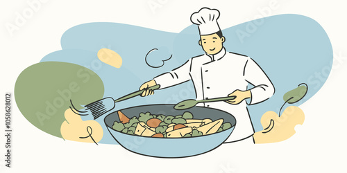 Innovative StirFry A chef tosses assorted vegetables and labgrown chicken in a wok with colorful sauces drenching the mix in a lively kitchen scene.