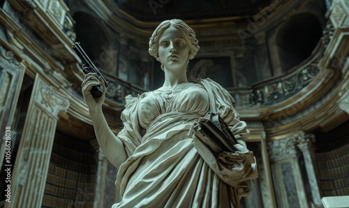 Stone statue of a woman holding a gun.