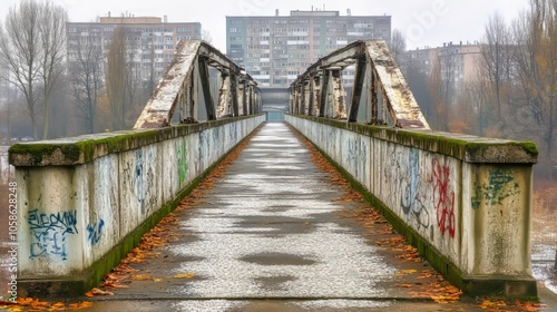 Abandoned Urban Bridge with Graffiti in a Foggy Cityscape