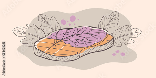 Leafy Meat An illustration showcasing a meat steak with leafy green s combining elements of nature and cultivation to symbolize labgrown meat. Use earthy tones with highlights to photo