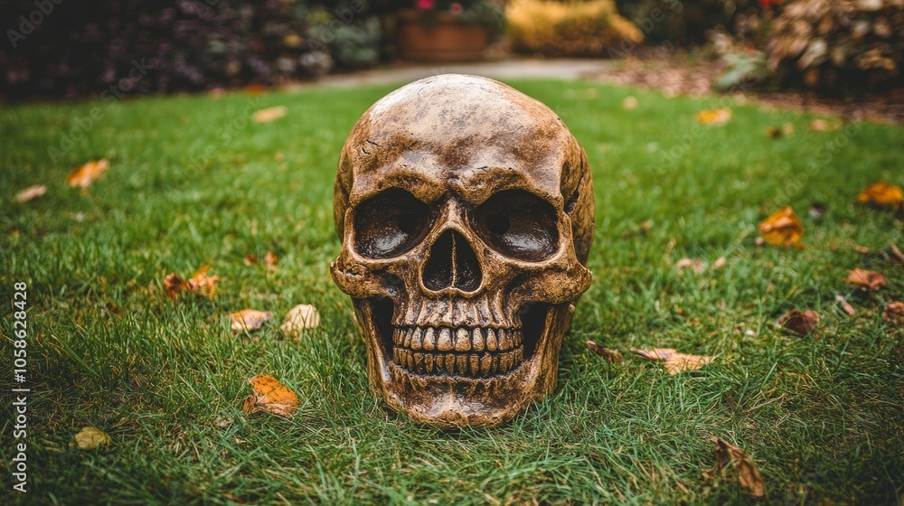 Human Skull on Grass with Fallen Leaves Human Skull on Grass with Fallen Leaves