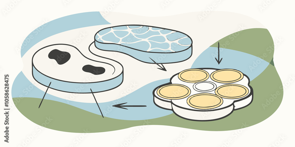 Meat Growth A diagram that illustrates the growth of meat cells in a controlled environment displaying cells multiplying and forming into a structured piece of meat. Meat Growth A diagram that illustrates the growth of meat cells in a controlled environment displaying cells multiplying and forming into a structured piece of meat.