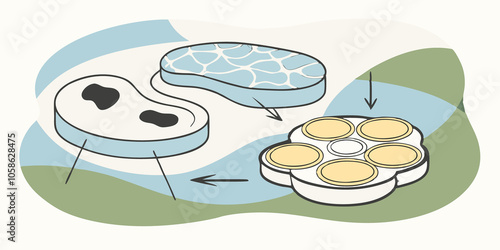 Meat Growth A diagram that illustrates the growth of meat cells in a controlled environment displaying cells multiplying and forming into a structured piece of meat.