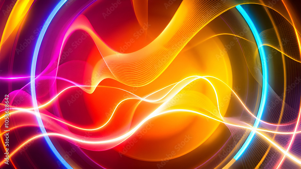 Obraz premium A vibrant image with blue, yellow, and pink light trails, swirling in a dynamic pattern, resembling waves and creating a captivating abstract backdrop.