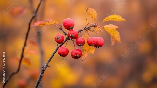 Red Berries on a Branch with Yellow Leaves in Autumn