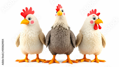 Cartoon Chickens in a Row White, Grey, and White photo