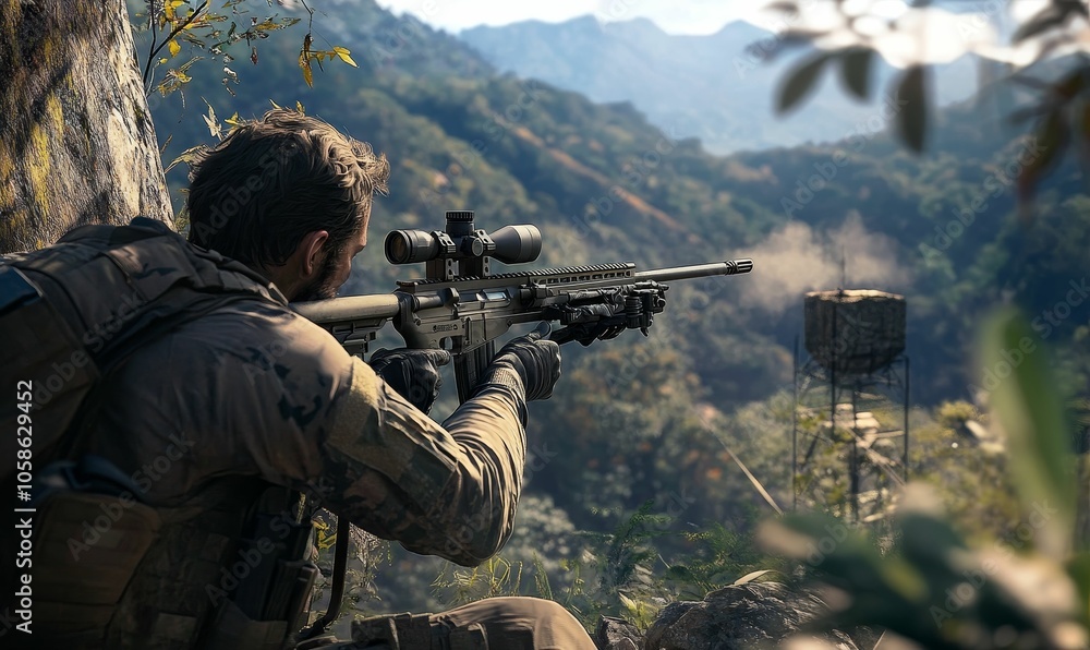 Camouflaged soldier aiming a rifle in a forest. Camouflaged soldier aiming a rifle in a forest.