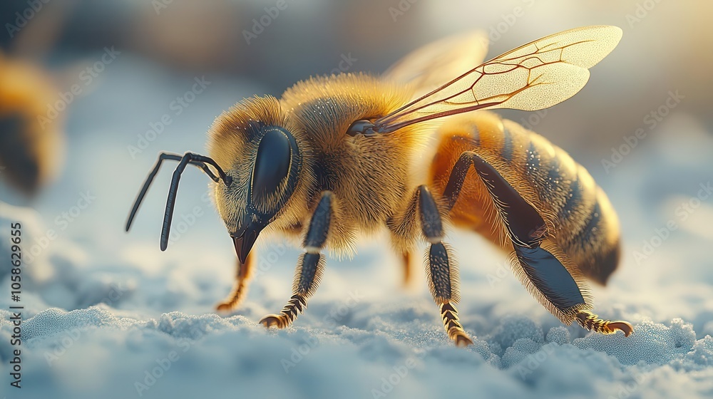 close-up of a honey bee walking delicately across a white surface, showcasing intricate details of its body, representing nature's wonders close-up of a honey bee walking delicately across a white surface, showcasing intricate details of its body, representing nature's wonders