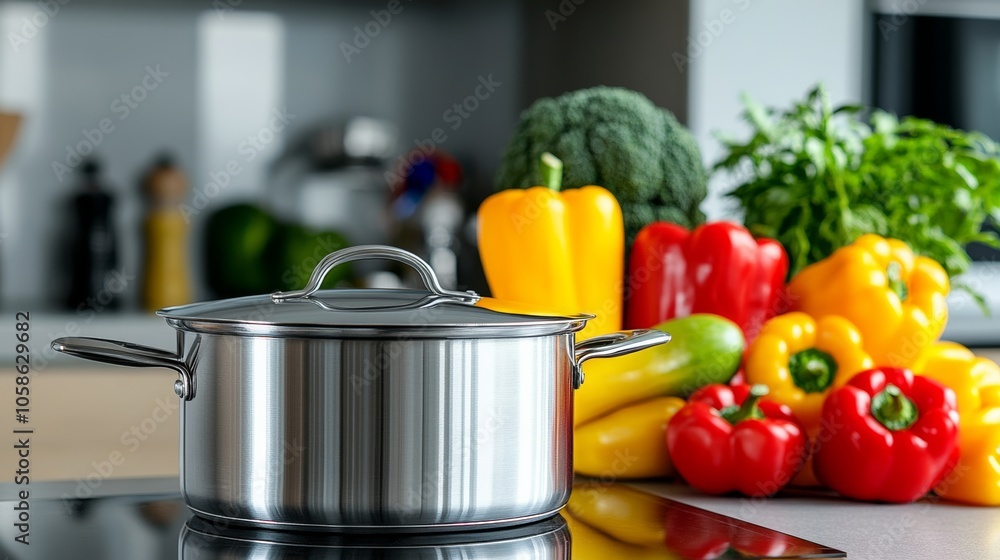 Large silver pot sits on a stove top with a variety of vegetables including broccoli, peppers, and squash Large silver pot sits on a stove top with a variety of vegetables including broccoli, peppers, and squash