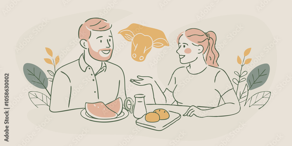 Sustainable Farming An illustration of a healthconscious couple discussing sustainable eating practices with labgrown meat prominently featured as a part of their meal planning. Sustainable Farming An illustration of a healthconscious couple discussing sustainable eating practices with labgrown meat prominently featured as a part of their meal planning.